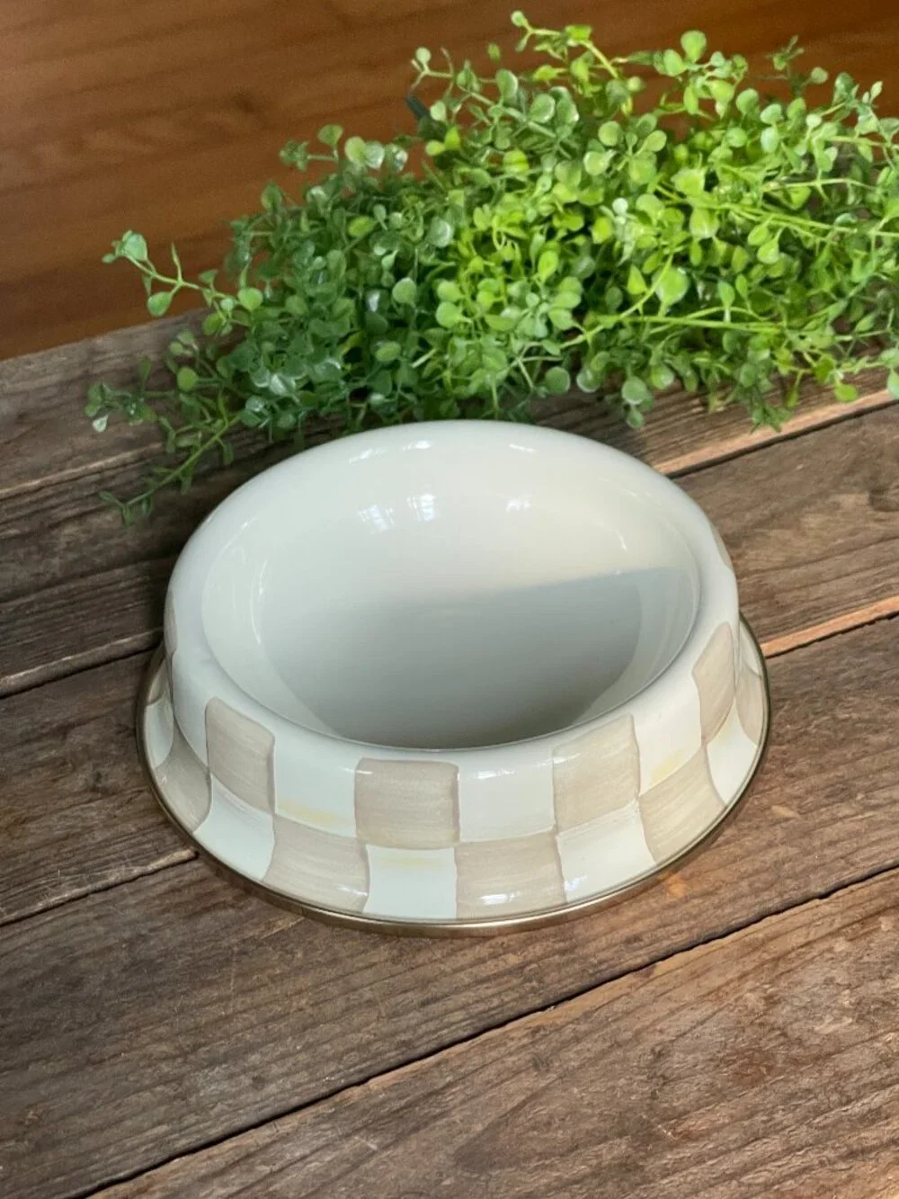 MacKenzie-Childs Mocha Check Small Pet Dish – Enamel Dog Cat Bowl-NWT
